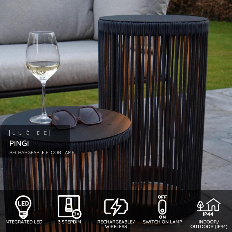 Lucide PINGI - Dobíjacia stojanová lampa Vnútorná/Vonkajšia - Batéria/batérie - Ø 30,5 cm - Rozm. - 1x3W 3000K - IP44 - Čierna